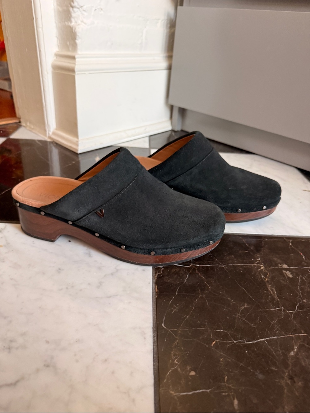 Vionic Black Suede Clog Mules with Wood-Effect Sole